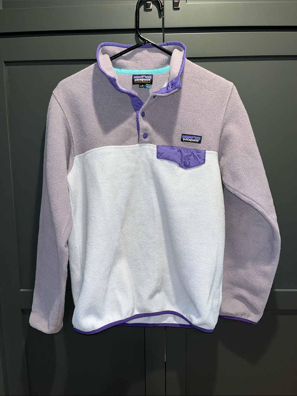 Patagonia Synchilla Two-Tone Fleece Pullover - Lavender & White with Purple Trim